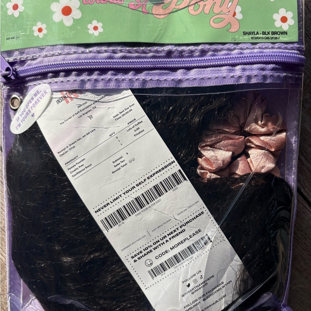 Black Brown Hair Extension with Pink Scrunchie